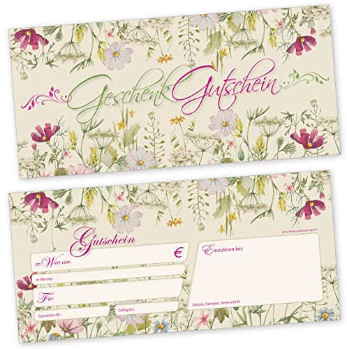 tatmotive Gutscheine Wildblumen 100 Stück Gutscheinkarten | zum Selbst beschriften und Stempeln, Geschenkgutscheine mit Blumen für Gewerbe wie Wellness, Floristik, Gastro, Beauty