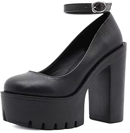 Goth Platform Crystal Ankle Strap Round Toe Pumps Hook Block Chunky Block High Heels Fashion Dress Shoes Evening Mary Jane Shoes Wrap Toe Sexy Party Dress Shoes for Women Comfy Stylish and Glaring