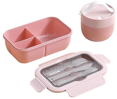 DAM Fiambrera hermética apilable para Guardar Alimentos, de 1100ml, Incluye tazón con Tapa y Cubiertos. 21x13x7,5 Cm. Color: Rosa Claro