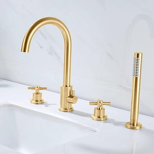SXLSZ Badewanne Wasserhahn 4-Loch Wannenbatterie Armatur Für Die Badewannenarmatur Mit Ausziehbarem Handbrause Wannenrand Badewanne Armatur Set Badezimmerarmaturen,Gold
