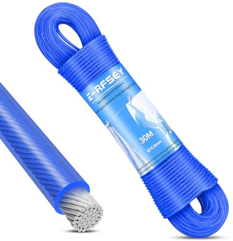 30 m corda stendi panni esterni, cavo stendibiancheria acciaio, capacità di carico 220 kg, fili per panni antiruggine e impermeabili (diametro 4 mm blu)