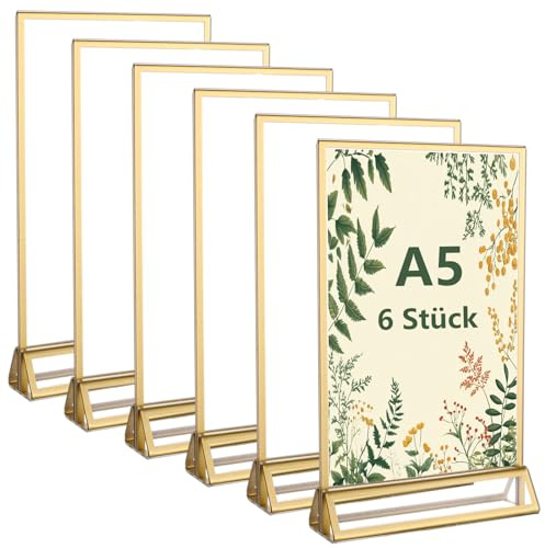 YAYODS 6 Stück Acryl Tischaufsteller - Aufsteller A5 Doppelseitiger - Bilderrahmen Gold mit Abnehmbarem Basis - Tischkartenhalter für Kartenbox Hochzeit,Speisekartenhalter, Fotorahmen, Restaurants