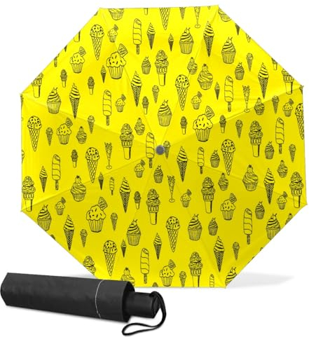 GISPOG Parapluie pliable automatique, jaune, cupcakes, desserts, imperméable, compact, soleil et pluie, parapluie de voyage pour homme et femme, 1 couleur, taille unique