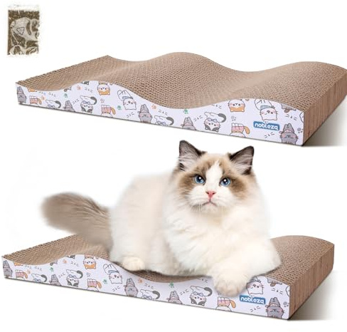 Nobleza 2 Pack Cardboard Cat Scratchers for Indoor Cats, Reversible Use Curved Shape Cat Scratching Board with Catnip, High Density Corrugated Cardboard, Kitten Kitty Scratcher Bed Pad 44.5x21x7.2cmx2