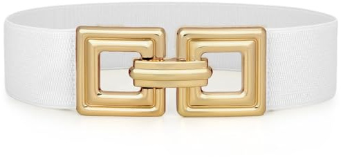 WHIPPY Damen Breiter Elastischer Taillengürtel Stretchy Gürtel für Kleid dehnbarer Hüftgürtel Mode Quadratischer Gold Schnalle,Weiß 80cm