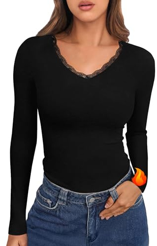 Crewhpo Langarmshirt Damen Slim Fit Warme mit V-Ausschnitt und Spitze | Zeitloses Einfarbiges Design, Leicht zu Kombinieren, zu Jeans und Röcken Passend, für Einkaufen und Freizeit, Moderner Alltag