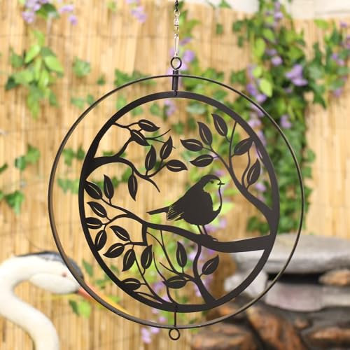 Robin Hanging Orbit Spinner - Metal Bird in Tree Silhouette Black Wind Spin Tree Hanging Garden Ornament