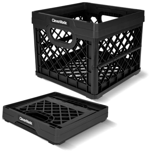 CleverMade Collapsible Milk Crate 25L (6.6 Gal), 50 lb Capacity Heavy Duty Folding Crate – Stackable Storage Crates with File Rails, Plastic Collapsible Crates - Obsidian