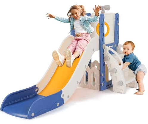 Scivolo per Bambini, Scivolo Giocattolo da Interno o Esterno, Scivolo da Giardino, Scivolo 4 in 1 per Bambini, Scivolo Indipendente con Spazio di Deposito e Telescopi da Gioco, per 1-6 Anni,Blu Giallo
