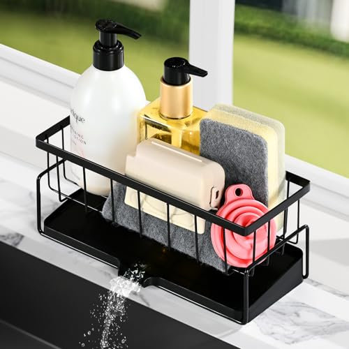 ZWMYF Organizador para fregadero, accesorios de cocina, soporte de esponja de acero inoxidable para organizador y escurridor de fregadero de cocina (negro)