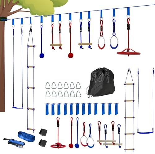 AIYAPLAY Parcours d'obstacles Ninja pour Enfants, 10 Accessoires, 10 m | Jeu extérieur avec slackline, sac de transport, charge 50 kg, équipement de jeu extérieur pour filles et garçons, bleu