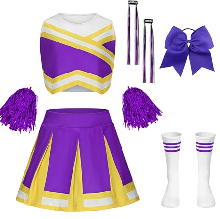 yecwkaz Deguisement Pompom Girl Enfant Pompom Girl Fille Uniforme avec Nœud Pompoms et Perruques Deguisement Cheerleader Short Sous La Jupe pour Carnaval Halloween Mascarade,Purple 150cm