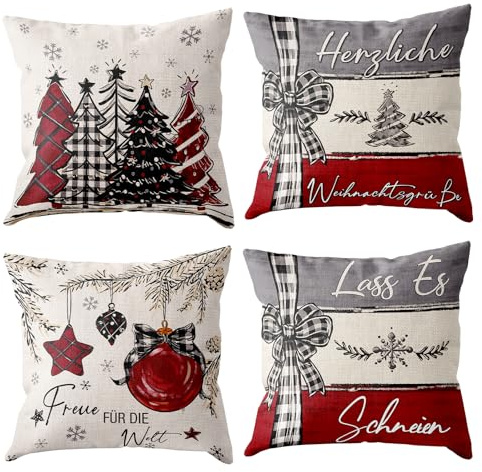 4er Set Kissenhülle Weihnachten (Deutsch), Kissenbezüge Weihnachten Rot Grau mit Schleife, Weihnachtsbaum Weihnachtsglocken, Leinen Weihnachtskissen 45x45 für Weihnachtsdeko Innen Deko Wohnzimmer Sofa
