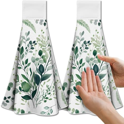 CUTHOLLOW 2 Pcs Watercolor Green Leaves Hanging Kitchen Towels with Loop | Soft Microfiber Decorative Funny Hanging Dish Towels, Tea Coffee Towel for Kitchen Bathroom Oven Handle for Kitchen Daily Use