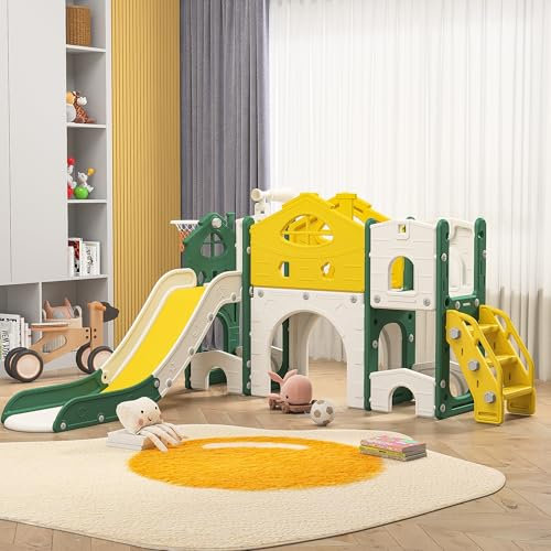 Scivolo per bambini, 7 in 1, grande scivolo per interni ed esterni, per bambini, con parco giochi, cestino da basket, scivoli lunghi e telaio per arrampicata autoportante (7 in 1 giallo-1)