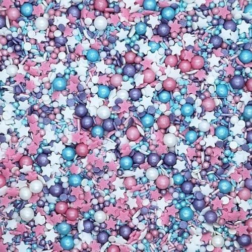 Sprinkles By Post. Mermaid cupcake sprinkles mix (50g). Pink, purple, white and turquoise edible Birthday cake decorations for home baking. Unicorn themed kids party cookie toppers.