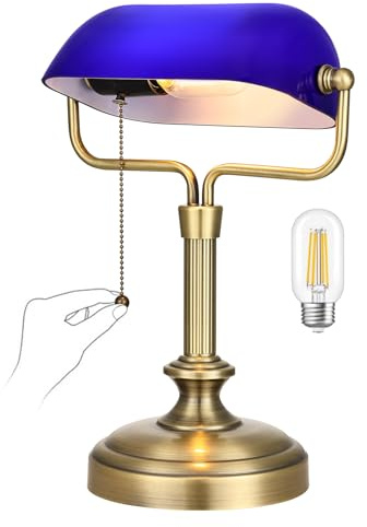 LOFOB Classic Banker's Desk Lamp with Adjustable Blue Glass Shade, Antique Bronze Base, Pull Chain Switch, LED Bulb Included