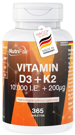 Vitamina D3 + K2-365 compresse - 10.000 UI + 200 μg - Alto dosaggio - 100% vegano – Produzione tedesca e test di laboratorio - NutriFair | Premium & Fair