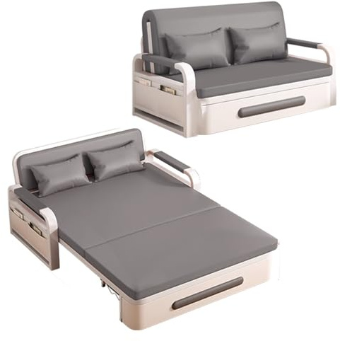 Ausziehbares Schlafsofa für 2 Personen mit Stauraum, graue Ledercouch mit Rollen, Rahmen aus Karbonstahl, ideal für Balkon, Büro, Wohnzimmer, Schlafzimmer (192 x 128 x 65 cm)