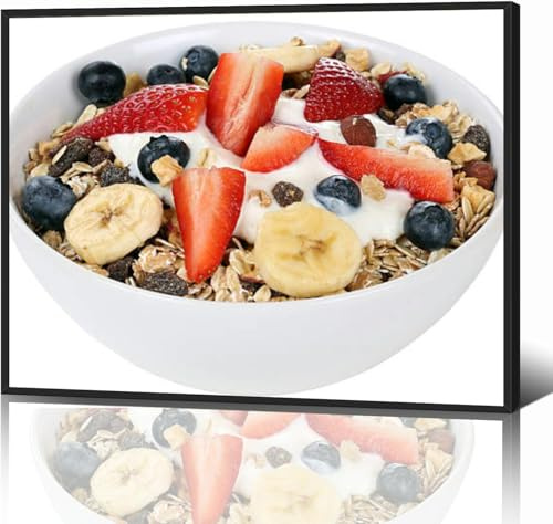 Black Framed Canvas Wall Art Decor for Living Room Bedroom Kitchen Bathroom Office Artwork Painting Fruit muesli breakfast bowl fruits like banana print picture poster 16x24