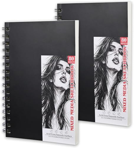 pobuu 2er Set Skizzenbuch A5 – 100g/m² Zeichenpapier, 160 Blatt (320 Seiten), Spiralbindung Zeichenblock für Kinder & Erwachsene