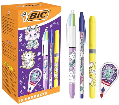 BIC Animali Fantastici - Penne a Sfera Punta Media (1,0 mm), Evidenziatori Fluo e Pastello dalla punta a scalpello, Correttore a Nastro - Motivi Assortiti, Confezione da 15