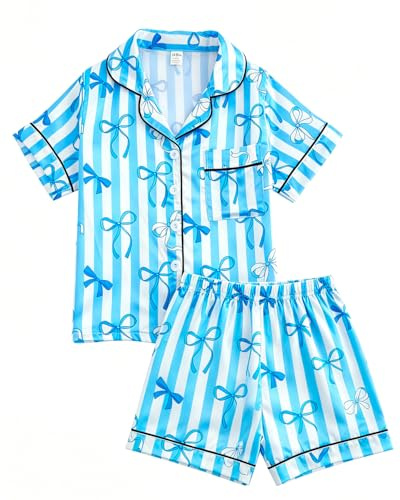 JiAmy pyjamas flickor kortärmad pyjamas set sommar barn 8–12, Blå rosett, 11-12 år