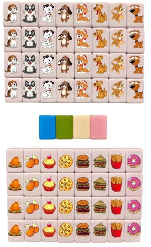 Bemonew Mahjong, set da gioco Mahjong da 65 pezzi, piastrelle carine per cani e cibo, gioco puzzle portatile per famiglia e feste, 24 mm