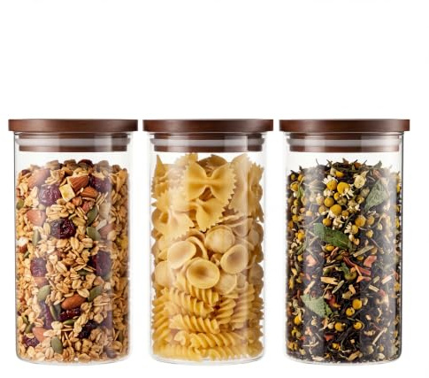 QuaLife Förvaringsburkar 3-pack (1000 ml) – Borosilikatglas med lock av akaciaträ, lufttäta och stapelbara, runda glasburkar för kaffe, müsli, pasta och livsmedel