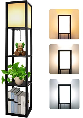 Alampia Lampada Salotto da Terra, 3000K-5000K da Pavimento in Legno con Scaffale, Lampada a Stelo 1.6M, con Presa E27 per Camera Da Letto e Soggiorno (Lampadine Incluse)