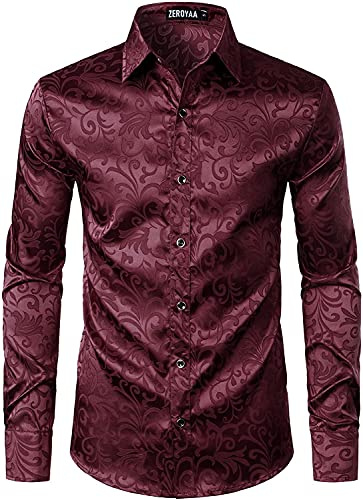 PARKLEES Chemise de luxe à manches longues en jacquard pour homme, coupe ajustée, en satin imitation soie, imprimé floral, chemises pour mariage, bal, bordeaux, M