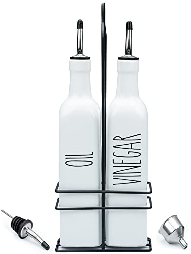 Heartland Home Ceramic Olive Oil and Vinegar Dispenser Set. 2 Bottles, Caddy, 3 Oil Pourer Spouts and Funnel! 21oz Glass Bottle Container. Salad Dressing or Cooking Oil Cruet for Kitchen (White)