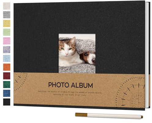 Vienrose Self Adhesive Photo Album with Picture Window for 4 x 6 Photos, Linen Cover DIY Scrap Book Album 40 White Pages for Travel, Photo Book with a Ballpoint Pen, 21.5 x 30 cm, Black