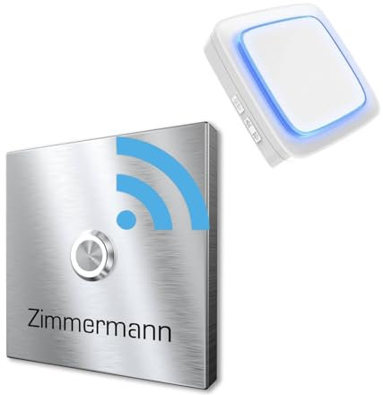 Graviers Funkklingel – Quadratische Türklingel aus gebürstetem Edelstahl, individuelle Lasergravur, kompakte Größe 110x110 mm, kabellos, 300 m Reichweite, wetterfest, einfache Wandmontage