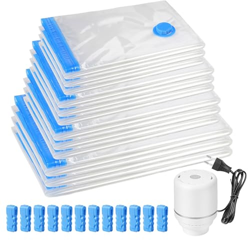 Truevaste 12 Pack Vakuumbeutel mit Pumpe, 4 Größen - 100x80cm,80x60cm,70x50cm,60x40cm,Vakuum-beutel für Kleidung Bettdecken Reise aus PE+PA, Wiederverwendbar Vakuumierbeutel Platzsparende Aufbewahrung