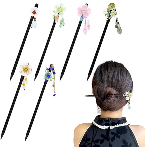6-Piece Wooden Hair Sticks Set, 18cm Vintage Chinese Floral Hair Pins - Handmade Natural Bun Sticks for Women Bridal Party & Daily Use (6 Designs)