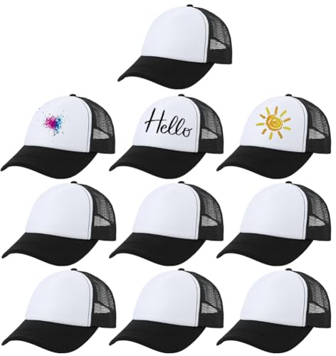 Besforta 10 st barn sublimering lastbilsförarkeps bulk nät justerbar tom vanlig baseballkeps för gör-det-själv, Svart vit, one size