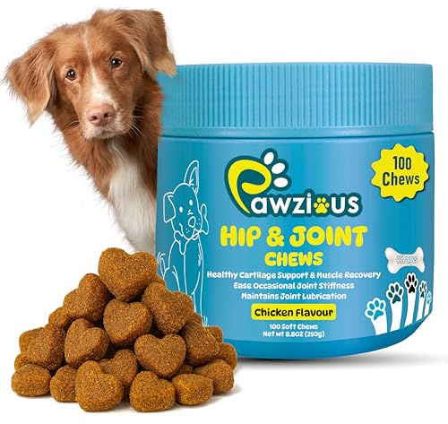 Pawzious Joint Supplements for Dogs - Dog Hip and Joint Care Chews with Glucosamine, Chondroitin, Green Lipped, Omega-3, Turmeric and MSM for Arthritis, Chicken Flavor (100 Count)