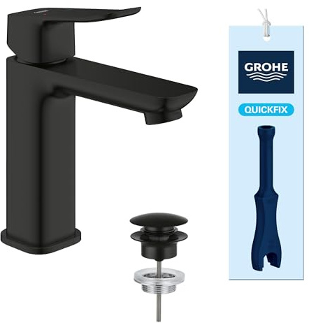GROHE Dice, Waschtischarmatur, wassersparend (Wasserhahn für das Bad, Badarmatur mit Push-Open Ablauf, 17cm hoch, mit 3in1 Werkzeug, einfache Installation am Waschbecken), mattschwarz, 1018332430