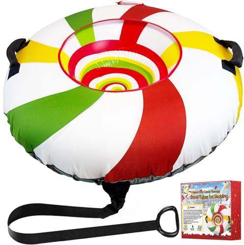 Heavy Duty Snow Tube with Premium Canvas Cover for Kids and Adults 44’’ Snow Tubes with Tow Rope & Handles for Sledding, Thickened Anti Damage Bottom Cold-Resistant Winter Outdoor Toy (Single Tube)