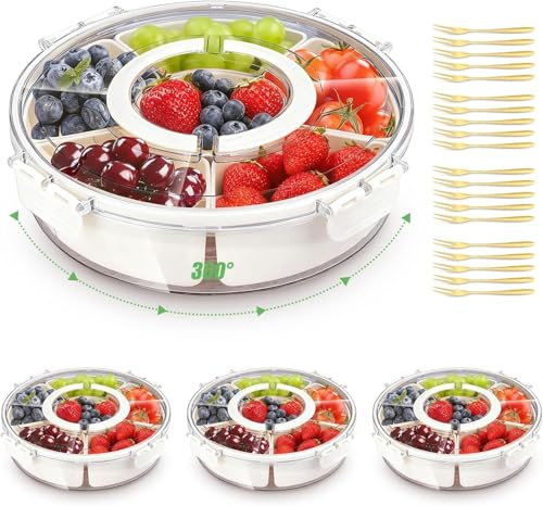 4 PACK Divided Serving Tray with Lid and Handle & 15 Pcs Gold Fork, Portable Large Capacity Snack Box Container for Fruit Veggie Charcuterie, Multi-Purpose Food Platter for Picnic Travel Party