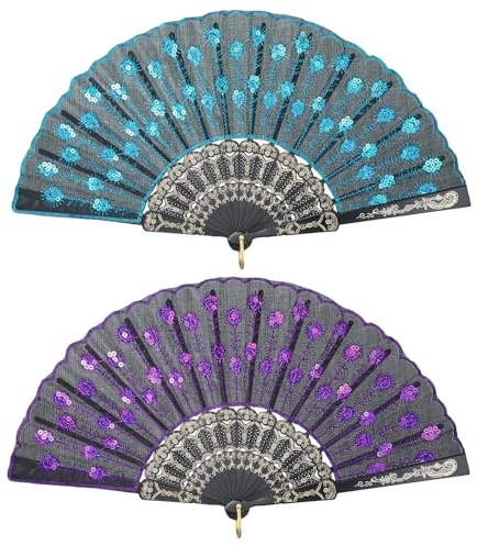 Handfächer 2PCS Vintage Spitzenfächer Vintage Faltb Handfächer Handfächer mit Blumenstickerei Handfächer Hochzeitsfächer Spanische Viktorianischen Faltfächer für Tanzaufführung Hochzeit,Karneval (C)
