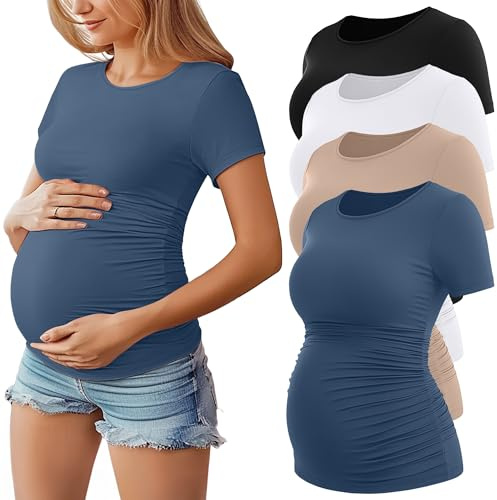 Geyoga 4 Pack Women's Maternity Shirts, Crew Neck Maternity Top Short Sleeve Casual Cotton Tee Side Ruched Pregnancy Clothes
