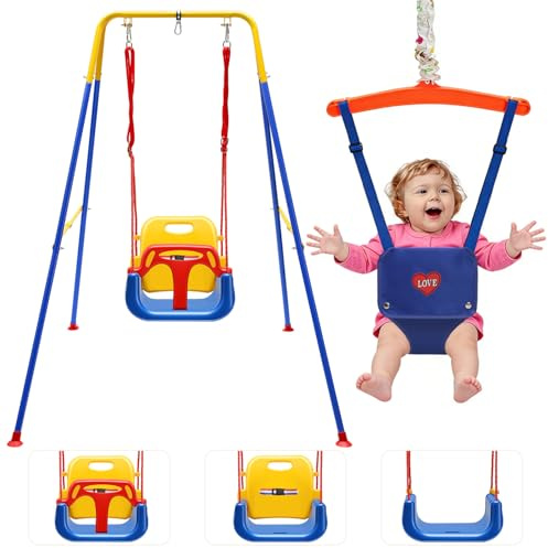 ISOISL Babygunga och dörrhoppare baby 4-i-1 set med ram – barngunga, babyjumper med säkerhetsbälte, vikbara och 4 sandsäckar – för inomhus- och utomhusbruk, lätt att montera