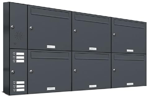 AL Briefkastensysteme 6er Briefkastenanlage mit Klingel Anthrazit Grau RAL 7016, Premium Briefkasten DIN A4, 6 Fach Postkasten modern Aufputz