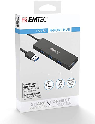 EMTEC, ECHUBT620A, Hub USB 4 Ports Ultra Slim, Connectez jusqu'à 4 périphériques USB-A simultanément, Transfert de données rapide, Alimentation micro-USB, Taille compacte, Noir