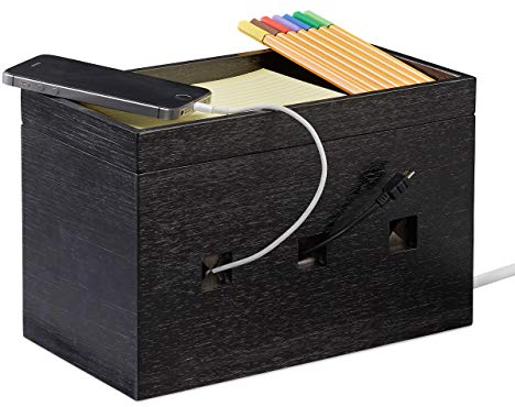 Relaxdays Kabelbox Bambus, Steckdosenleiste & Kabel verstecken, Kabelmanagement Schreibtisch, 16,5x25,5x14cm, schwarz