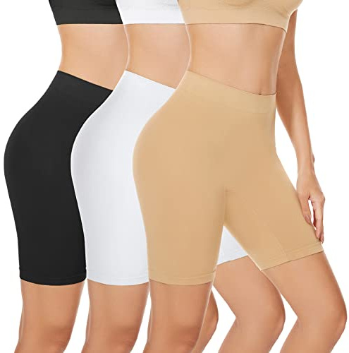 SIHOHAN 3 Pack Women Chub Rub Shorts Slip Shorts for Under Dresses Seamless Anti Chafing Underwear Boyshorts Panties Safety Long Briefs(Black+White+Beige,S)