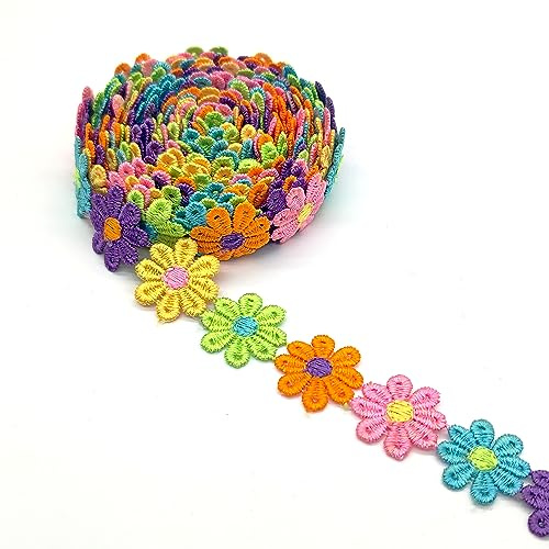 XCSJ 5 Yard 25mm Blumen Spitzenband Spitzenborte Stickerei(Mehrfarbig) | Dekoband Zierband Borten Bänder Blumenband Gänseblümchen Dekoband Spitzen Spitzenborte Für Hochzeit Deko Handwerk Nähen