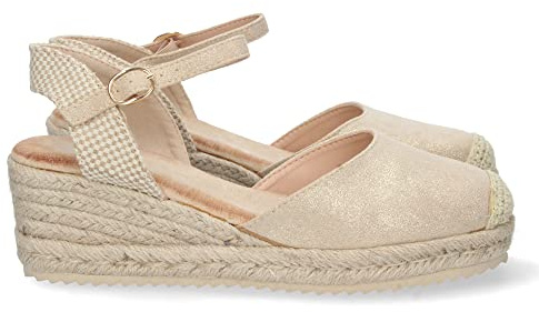 shoes&blues.es 66428-Sandalia de Cuna para Mujer, Forrado de Yute, Pala Cerrada, y Cierre de Hebilla, Primavera Verano 2022. Talla 39 Oro